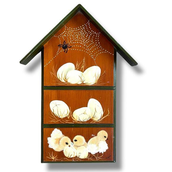 VTG Hand Painted Hen House Art Wooden Plaque Home Artist 1970s Eggs Chics - Picture 1 of 16